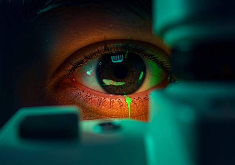An eye surface viewed under blue light after diagnostic dye is applied