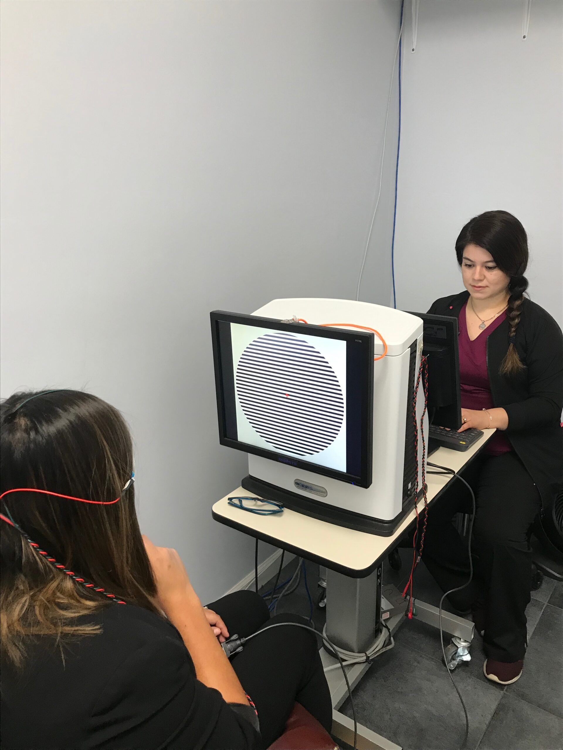 Patient taking a visual electrophysiology test with a technician